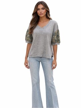 Anthropologie Daily Practice Gray Puff Sleeve Camo Terry Top